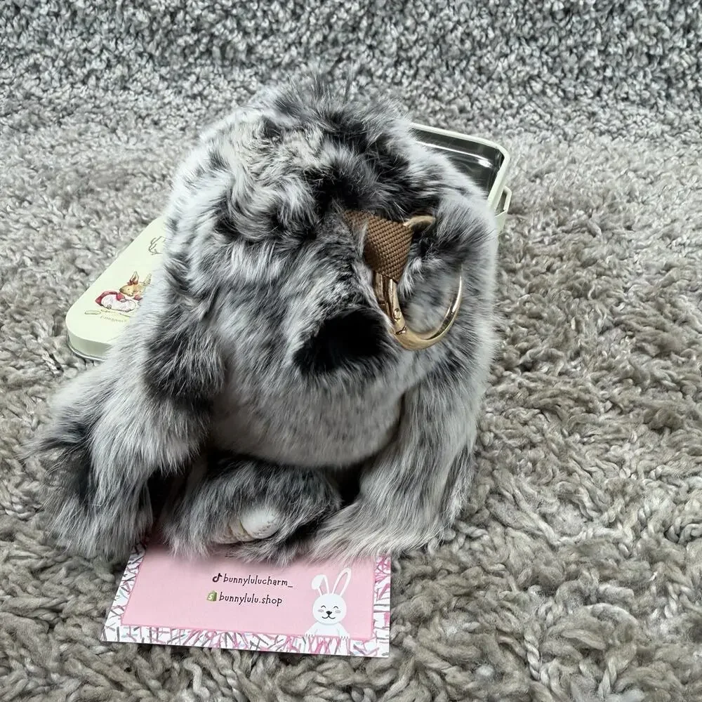 Bunny Lulu Keychain With Tin Bunny Keychain Rabbit Fur Soft Gray Black Brand New